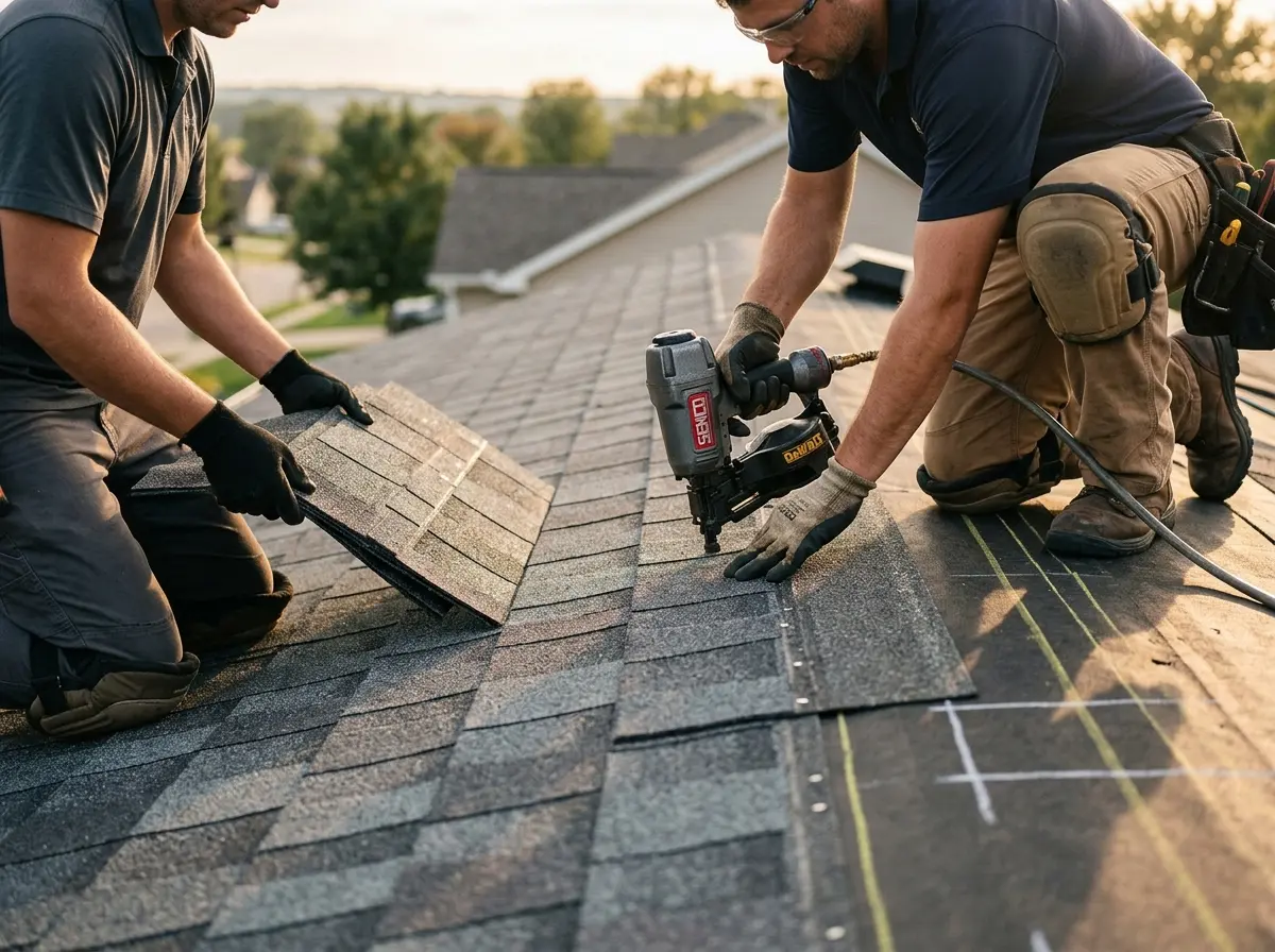 Professional roofer working on a residential roof in Ennis